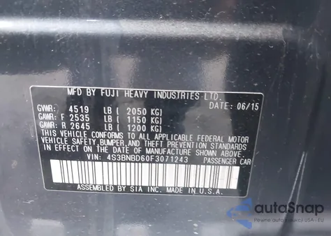 2015 Subaru Legacy 2.5I Premium из США, поврежденный, VIN 4S3BNBD60F3071243